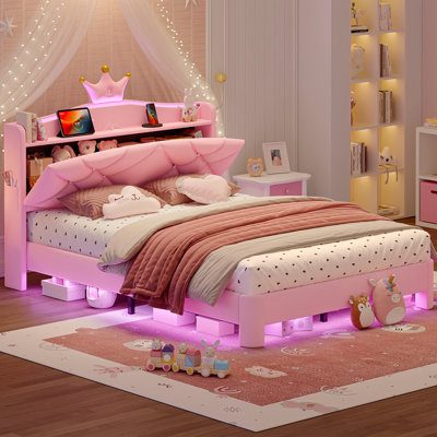 Lit plateforme tapissier en velours avec mobilier de chambre à coucher pour enfants Crown