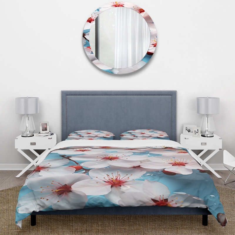 Ensemble de housse de couette blanc et bleu Cherry Blossoms Flow II - Tree Cherry Blossom