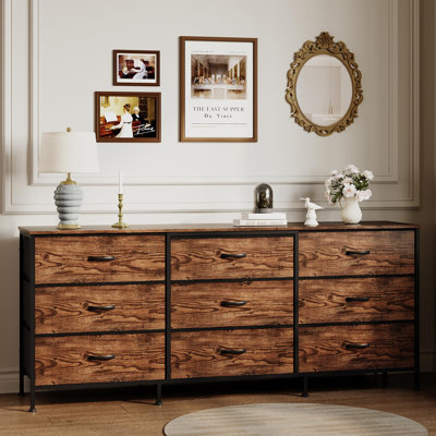 Meuble télé 63 po avec 9 tiroirs en tissu, grande commode de rangement pour le placard de la chambre à coucher, large meuble télé pour téléviseur 55 65 70 po