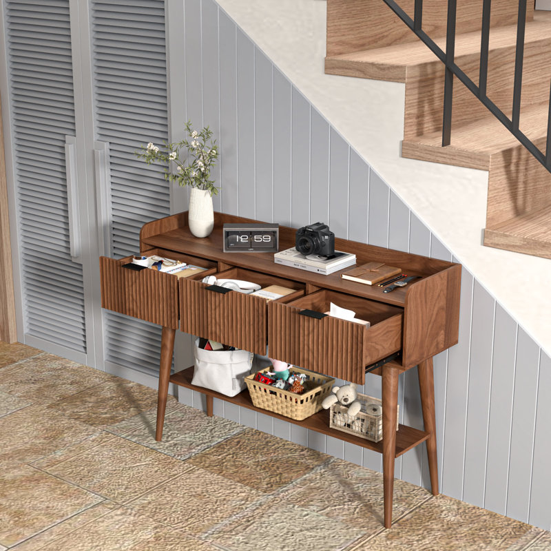 Fluted Console Table With 3 Drawers And Open Storage Shelf, Console Sofa Table For Living Room, Walnut