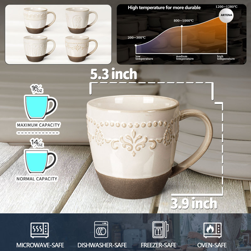  Ensemble de 4 tasses à café 16 oz en céramique gaufrée, pour le thé et le cacao, allant au micro-ondes et au lave-vaisselle (plusieurs motifs)