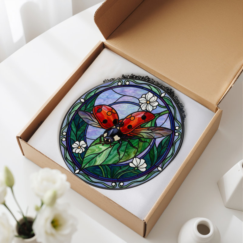 7.8"H Ladybug Flower Stained Glass Window Panel, 7.8" H x 7.8" W