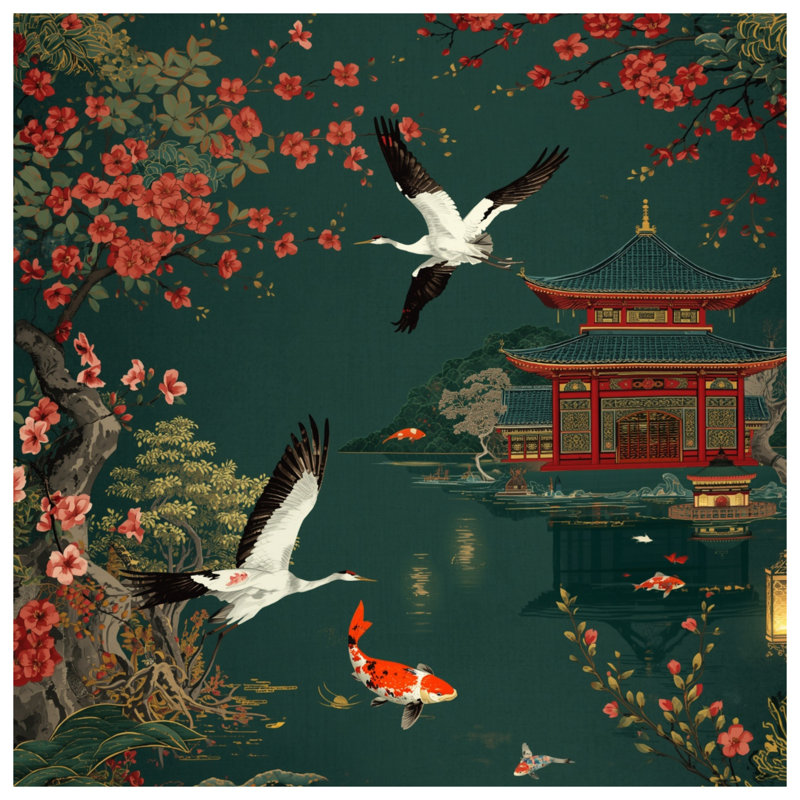 Édredon scène de temple japonais, Grand lit