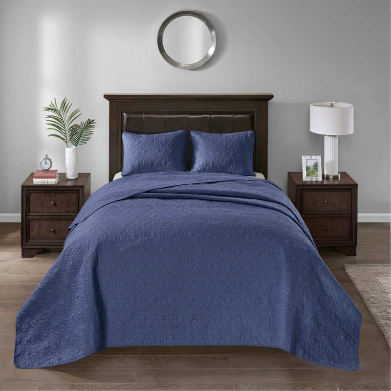 Ensemble de couvre-lit réversible bleu marine, Couvre-lit de grande taille + 2 taies décoratives, Marine