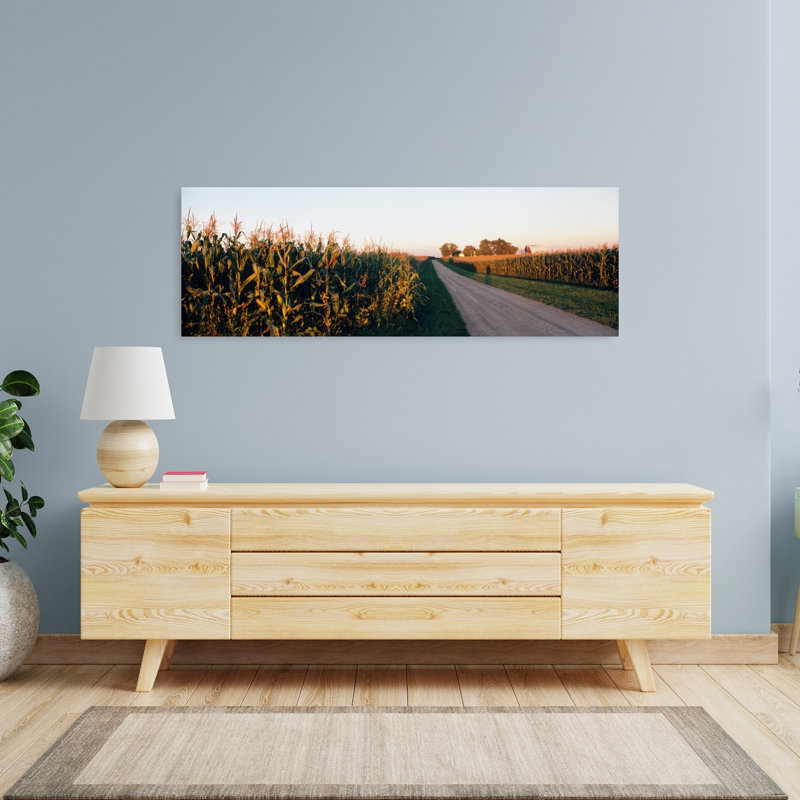 «Dirt Road Passing Through Fields», Illinois, États-Unis, paysage contemporain abstrait, art mural, H 16 po x l 48 po