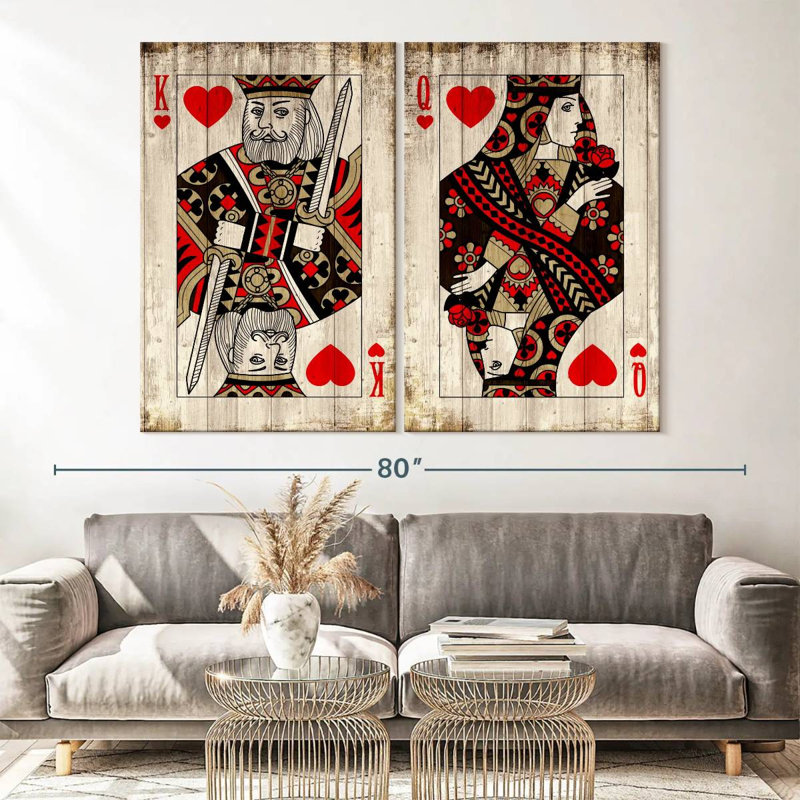Ensemble de 2 pièces en bois pour le roi et la reine des cœurs sur toile, H 61 po x l 45 po