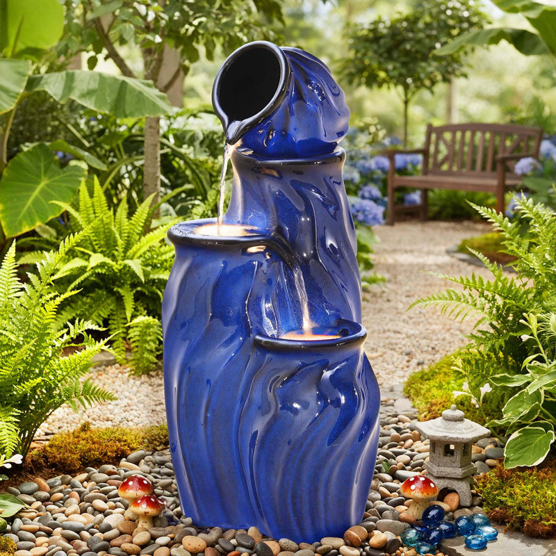 29" Ceramic Outdoor Water Fountain with LED Lights,  Dynamic Wavey Cascading Waterfall, Cobalt Blue