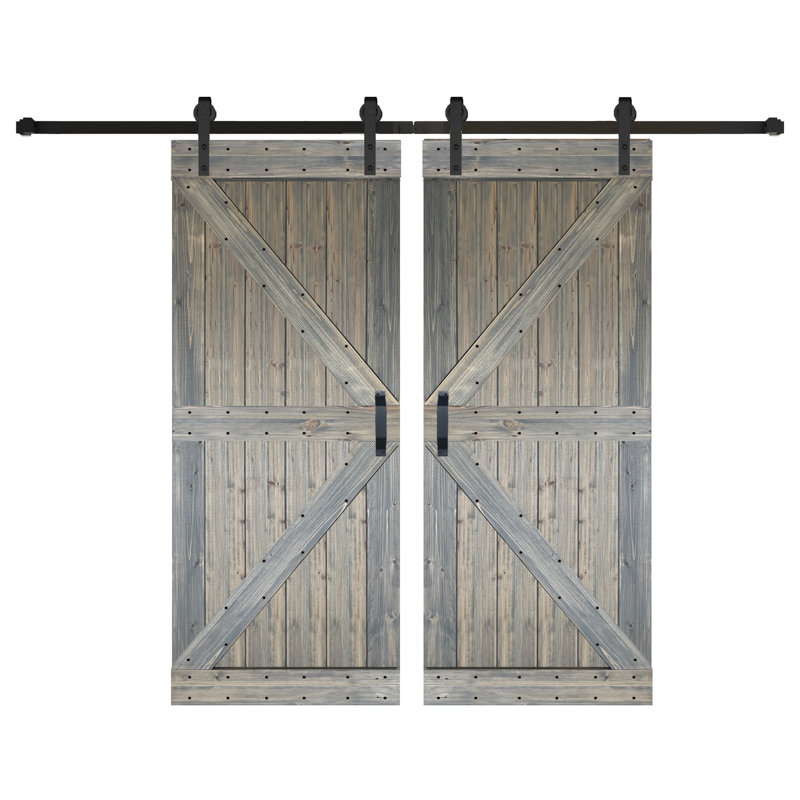 K Style Solid Core Wood Double Sliding Barn Door with Hardware Kit -Assembly Needed, Aged Barrel, 76" x 84"