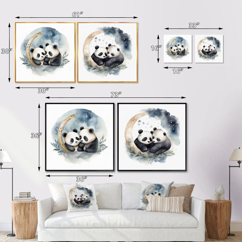 Ensemble de 2 aquarelles - Pandas, Cadre flottant noir, H 16 po x l 33 po