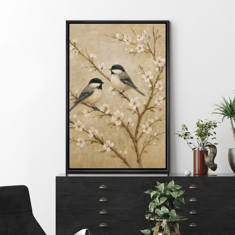 Chickadee Birds on Blooming Branches in Soft Neutral Tons - Art encadré sur toile, H 36 po x l 24 po x P 1,5 po