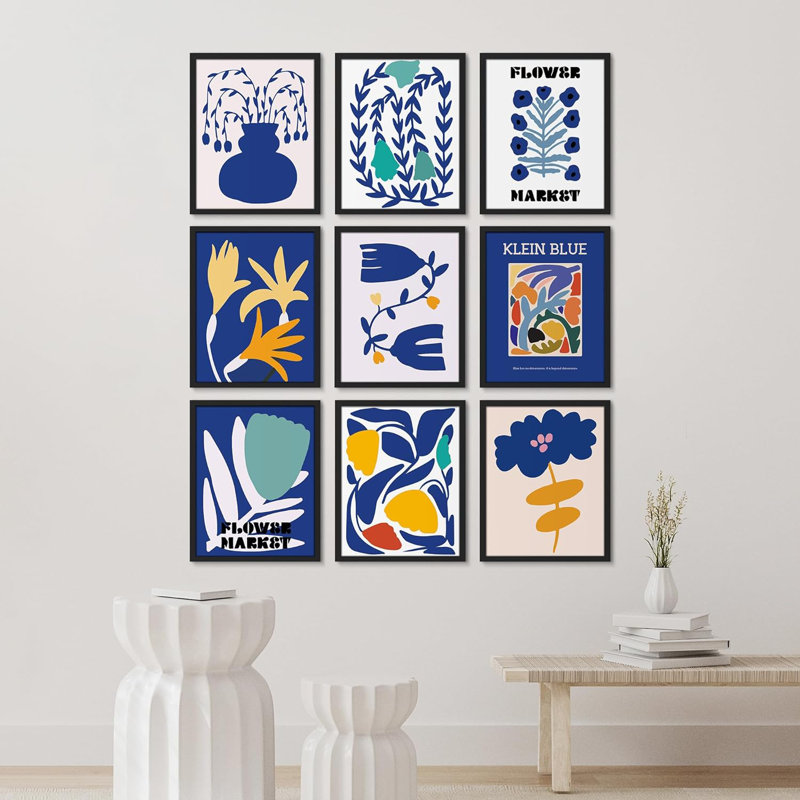 Motif de fleurs botaniques abstraites bleues Mid-Century bleu bohème 9 pièces, Cadre noir, L 11 po x H 14 po