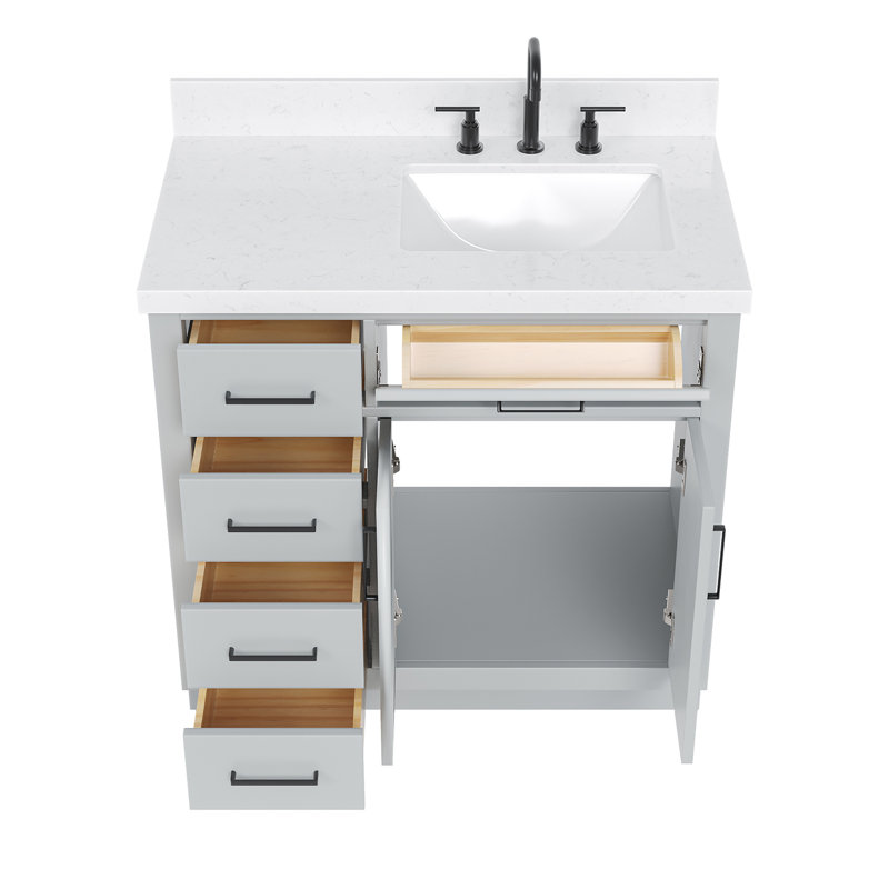 Meuble-lavabo simple en bois massif 36 po Tidworth avec plateau en quartz Carrara de 1,5 po, Oui, Forme rectangulaire, Gris