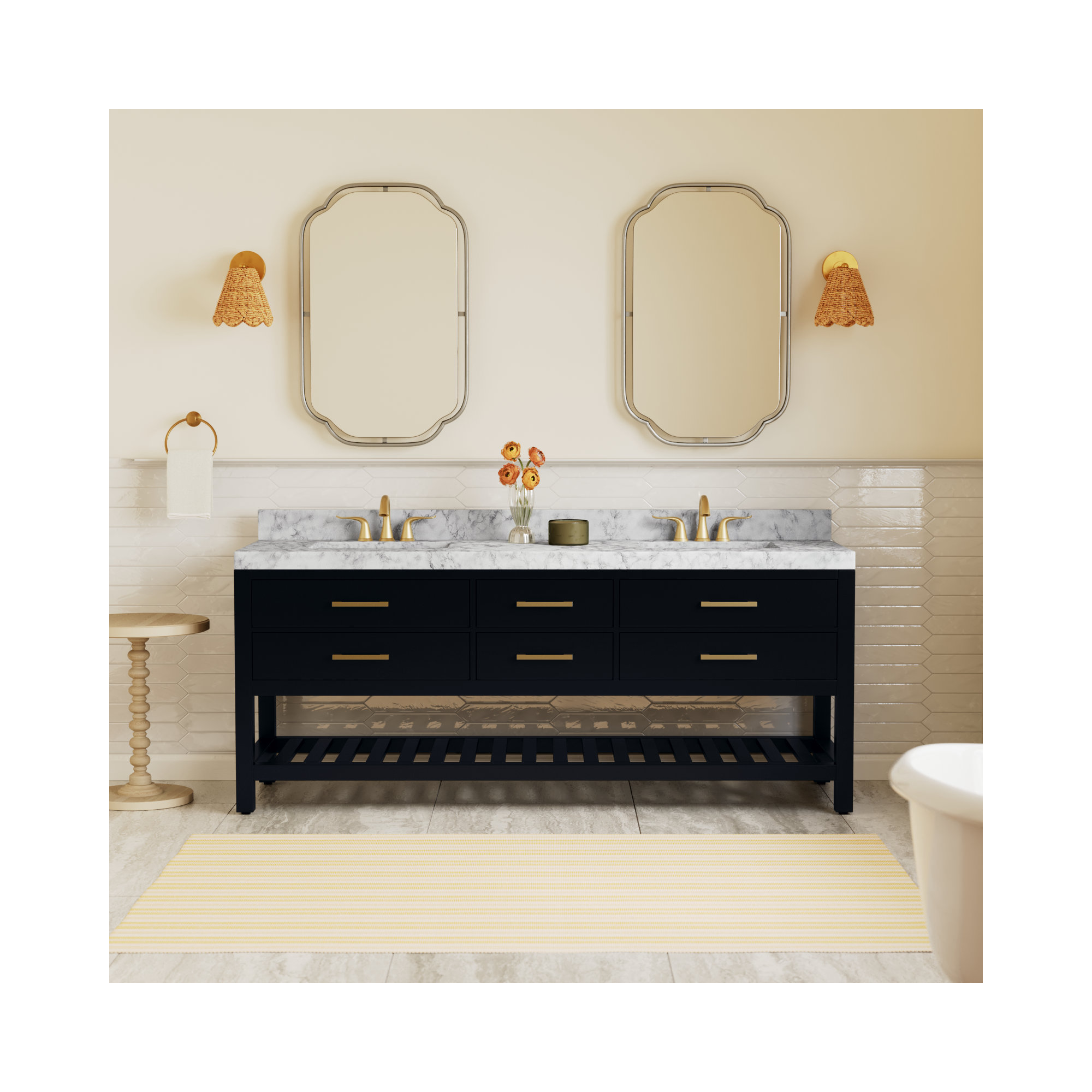 Carrie 72'' Double Bathroom Vanity, Black Onyx | Brushed Gold
