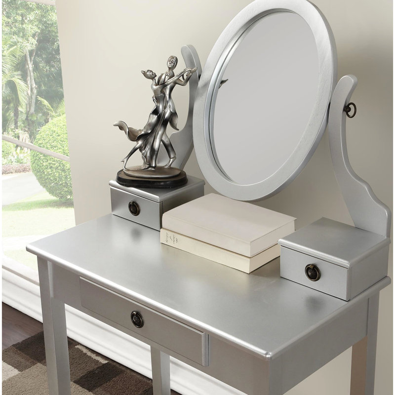 Chic Wood Vanity Table With Stool, Silver - 3 Drawer Storage, Mirror Adjustable For Makeup Art Oval Beauty, Silver