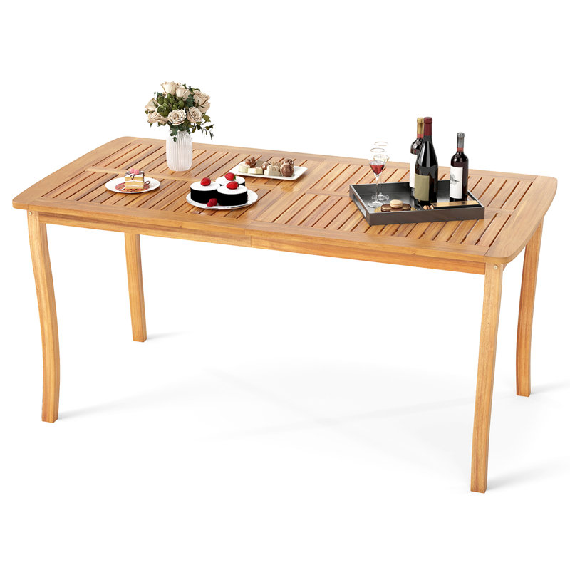 63'' Outdoor Dining Table w/ Umbrella Hole Slatted Tabletop for Backyard