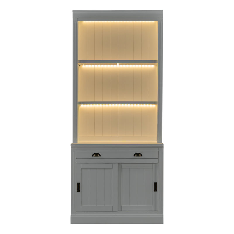Nicanor Tall Bookcase Suite with LED Lighting, Sliding Doors & Drawers, White