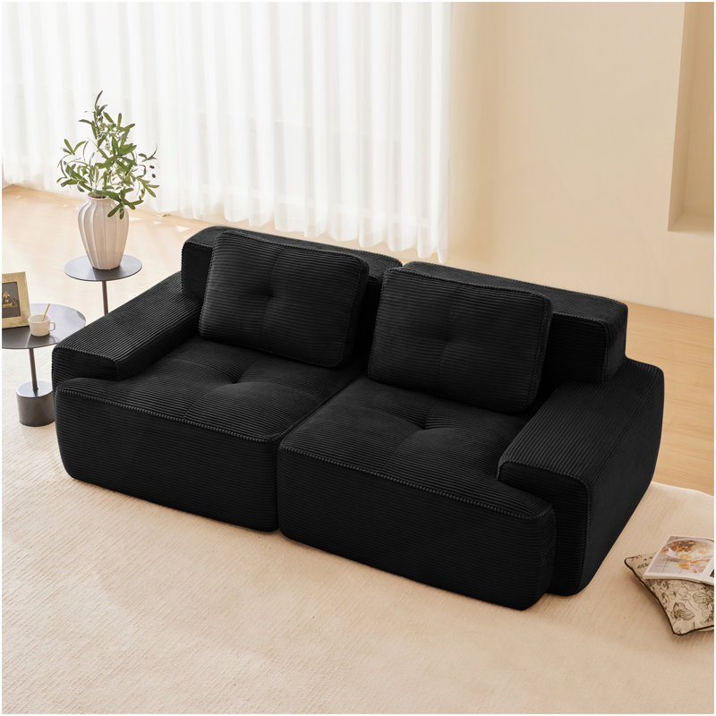 82" Modern L-Shaped Modular Sectional Sofa For Living Room, Corduroy Fabric, 2-Seater Couch With Deep Seat , Pearl-Like Piping, Tufted Design, No Assembly, Anti-Slip Design​, Black