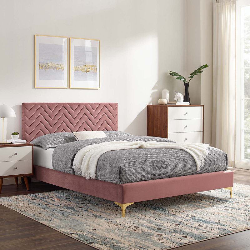Modway Leah Chevron Tufted Performance Velvet Platform Bed, Dusty Rose, Full / Double