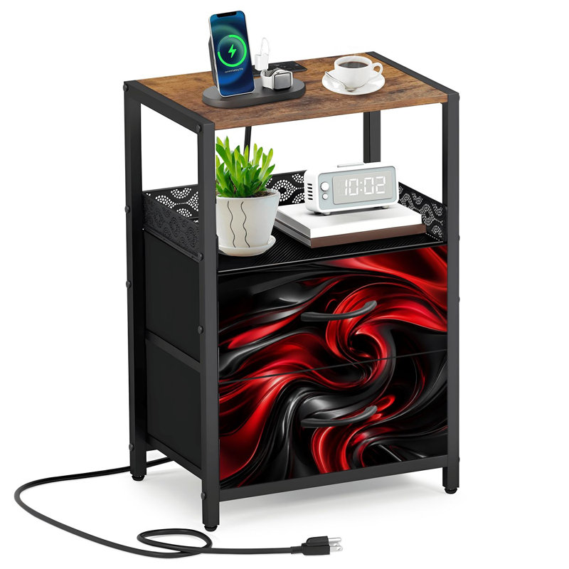 Table de chevet 2 tiroirs en tissu avec station de charge Table de chevet rouge et noir tourbillonnant à finition brillante