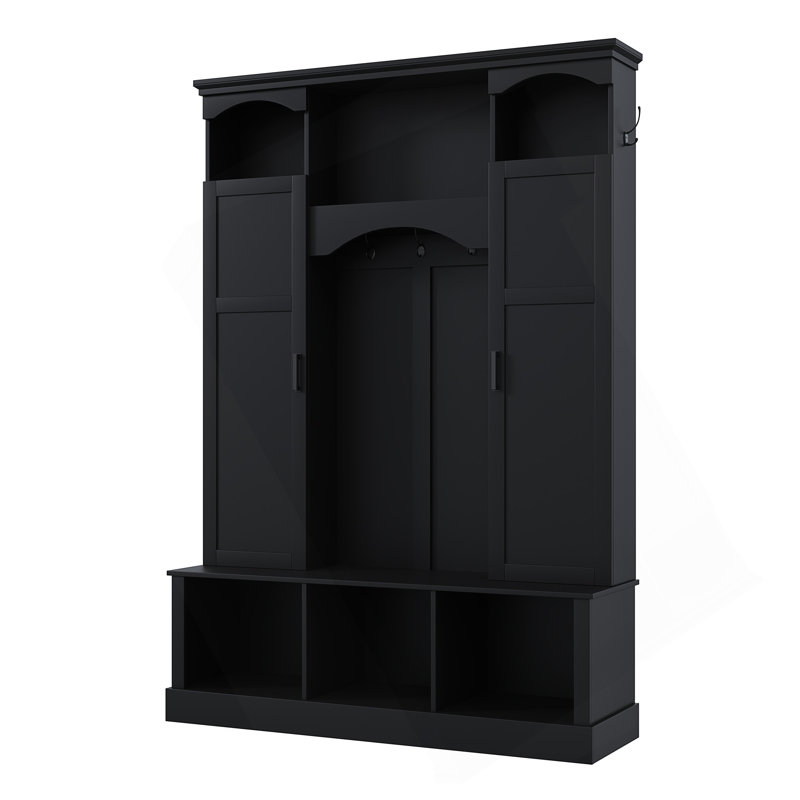 Modern All-In-One Hall Tree With Adjustable Shelves, Classic Arched Farmhouse Storage Bench With Dual Side Cabinets, Elegant Entryway Organizer With 7 Hooks For Mudroom, Hallway