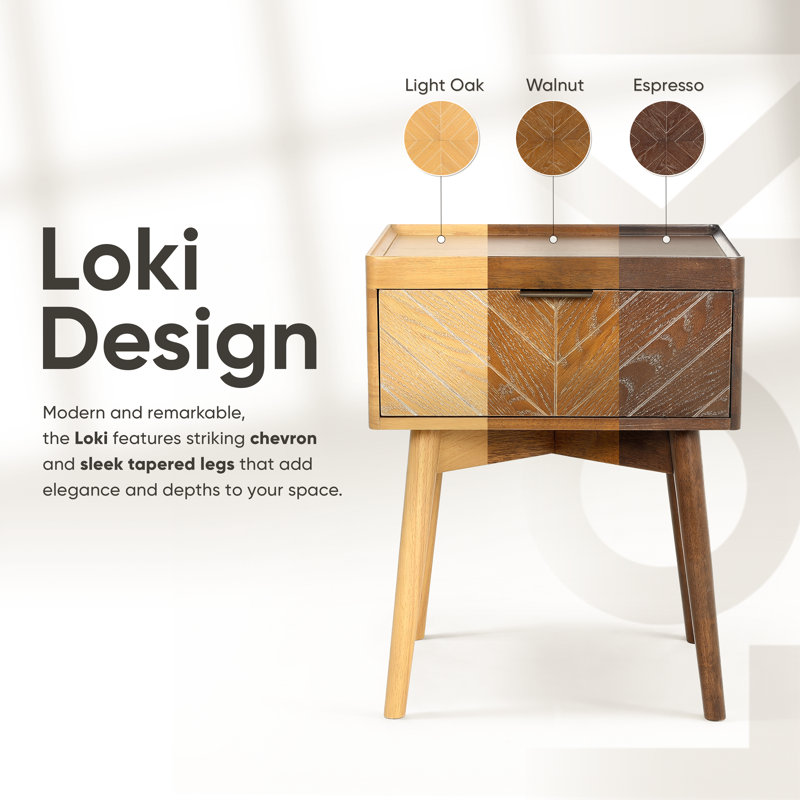 Loki Mid Century Modern Solid Wood Nightstand with Iconic Chevron Front Drawer & Elegant Tapered Legs, Premium Hevea Wooden Bedside Table With Ball Bearing Slide