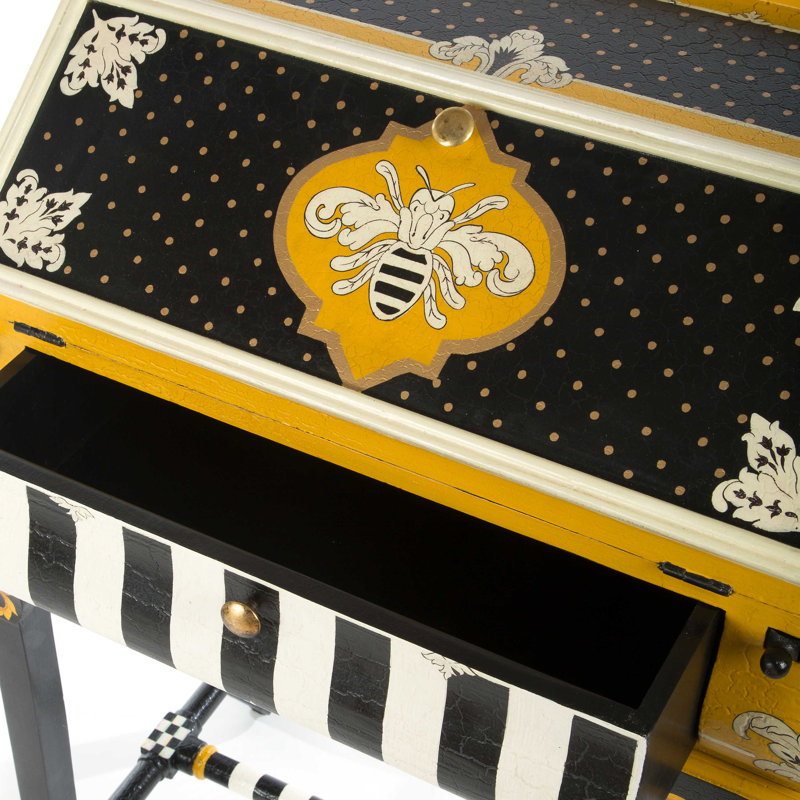 Handpainted Black Worker Bee 28" Writing Desk with Brass Accents
