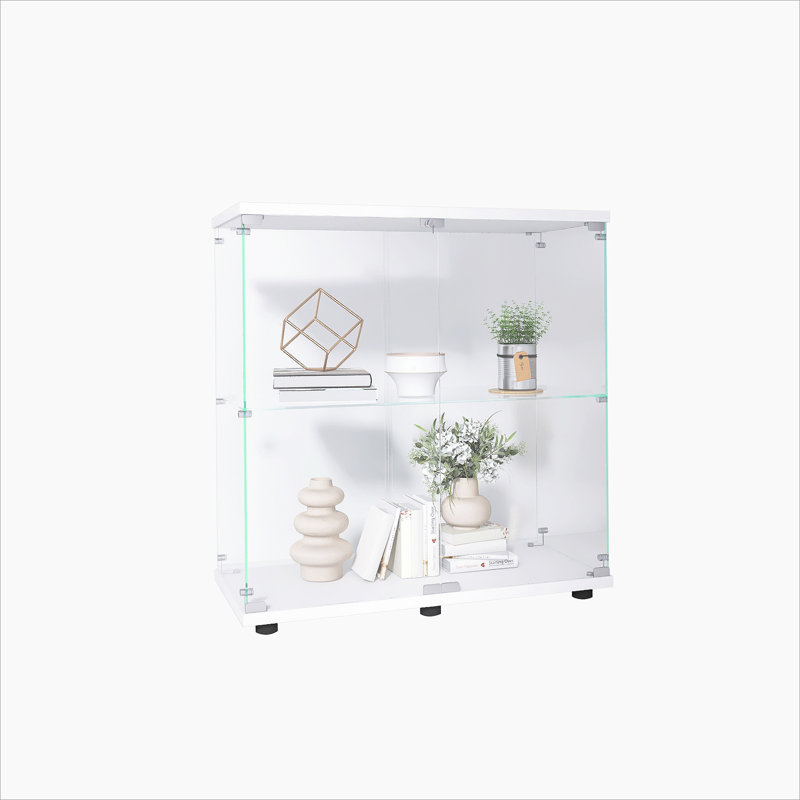 Vitrine en verre 2 couches avec 2 portes, armoires vitrées, vitrine de comptoir en verre avec serrure, verre trempé avec base en panneau de fibres à densité moyenne