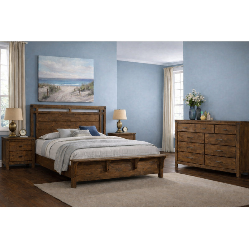 Ensemble de chambre à coucher à panneau rustique avec finition brune, 4 pièces, Très grand lit