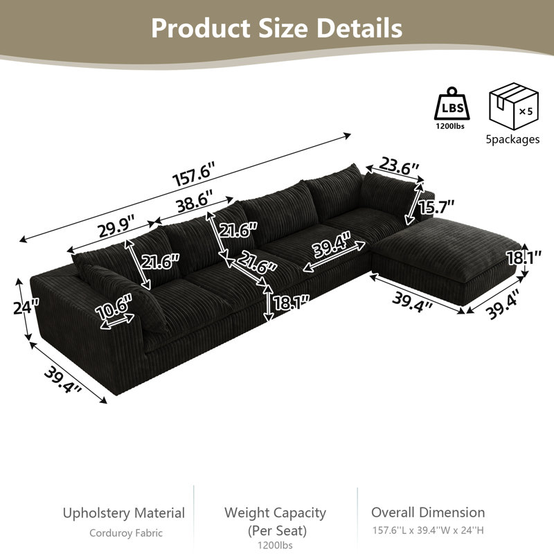 157.6" Modular Cloud L-Shaped Sectional Sofa Corduroy Fabric Deep Seat Couch with Ottoman, Double-Layer Sponge Support, No Assembly DIY Combination