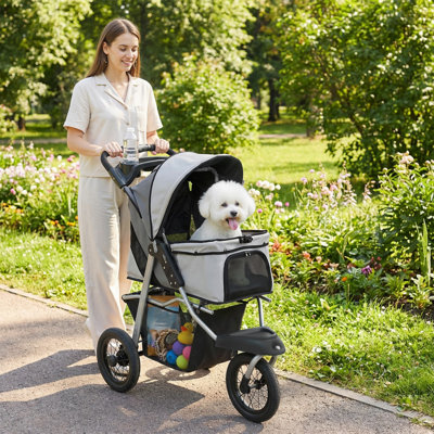 Poussette pour chien, poussette pliable pour chien avec roues en caoutchouc de 12 po pour petits chiens, jusqu'à 22 lb, gris clair