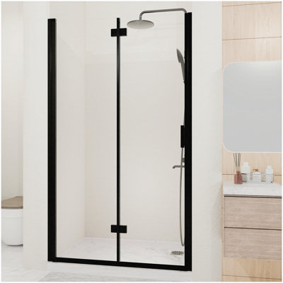 Porte de douche pliante pivotante semi-sans cadre à charnières l 34-35,2 po x H 72 po, verre trempé 1/4 po (6 mm), panneau pliable pour salle de bain, installation réversible, noir mat