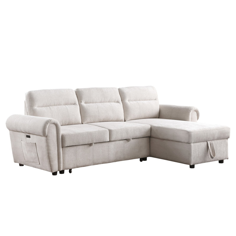 Canapé-lit modulaire en chenille beige avec rangement supplémentaire et chenille réversible