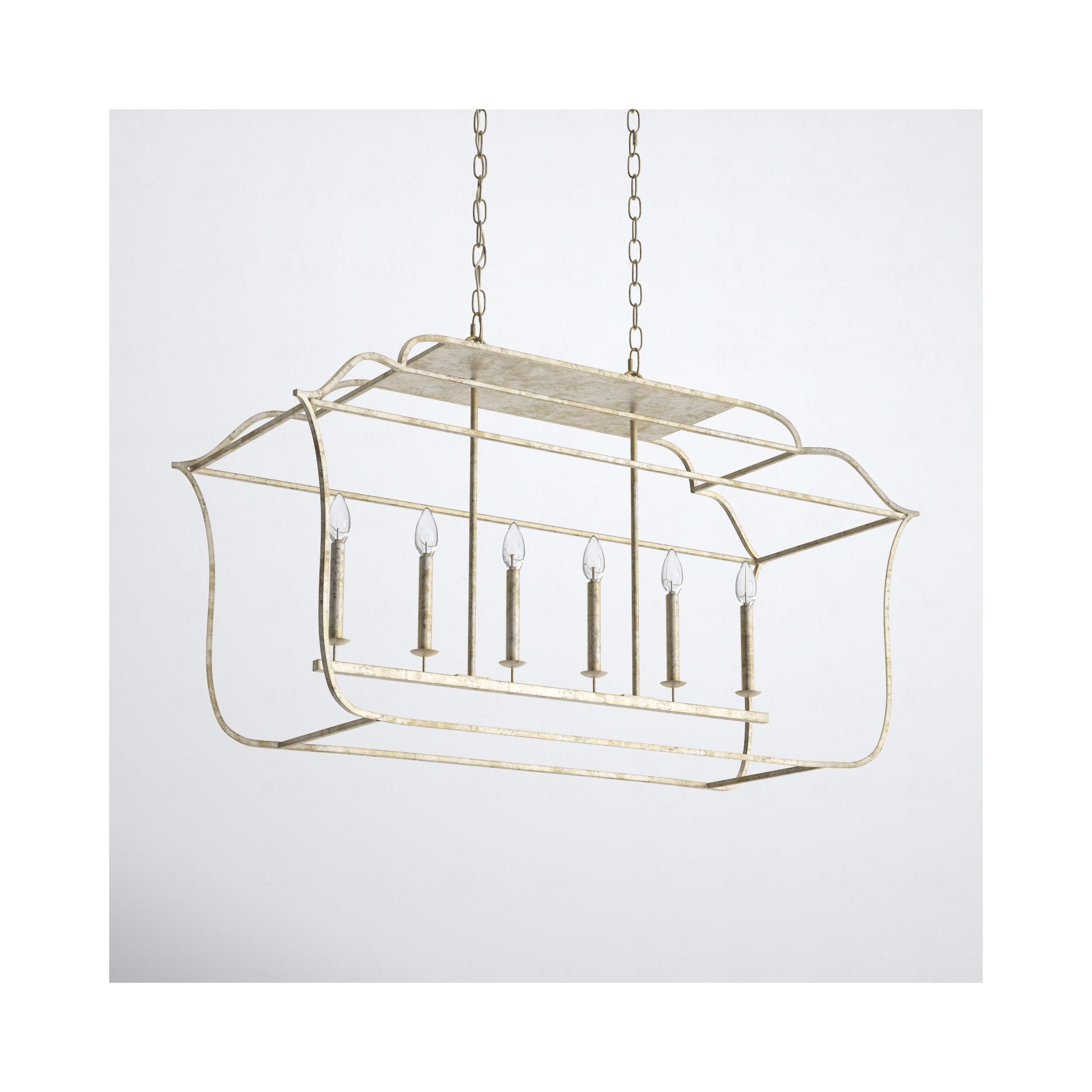6 - Light Metal Dimmable Lantern Chandelier, Century Silver Leaf