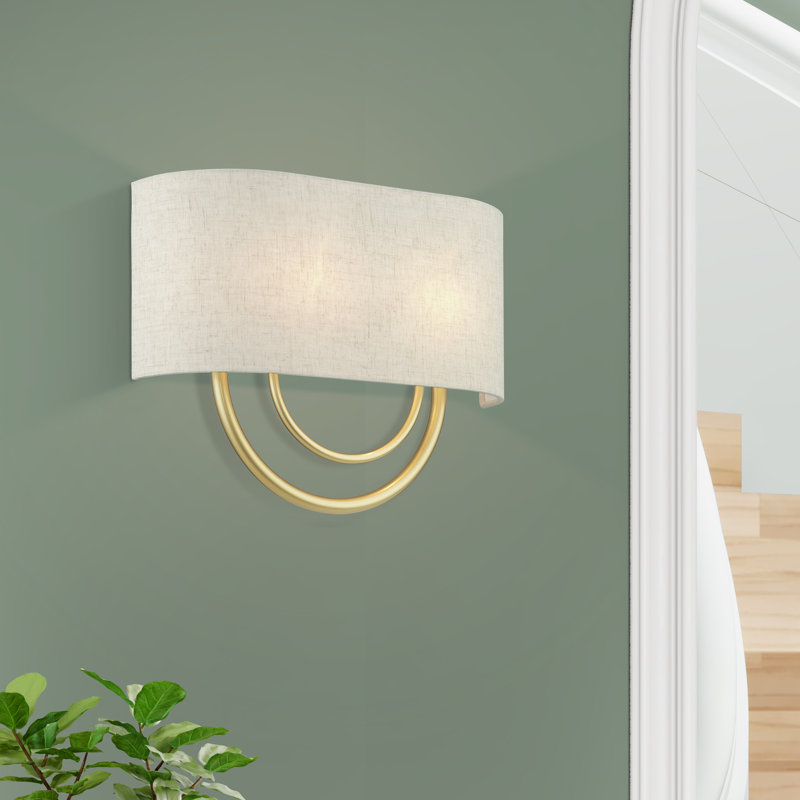 2 Light Soft Gold Large ADA Sconce With Hand Crafted Oatmeal Fabric Shade With White Fabric Inside, Soft Gold