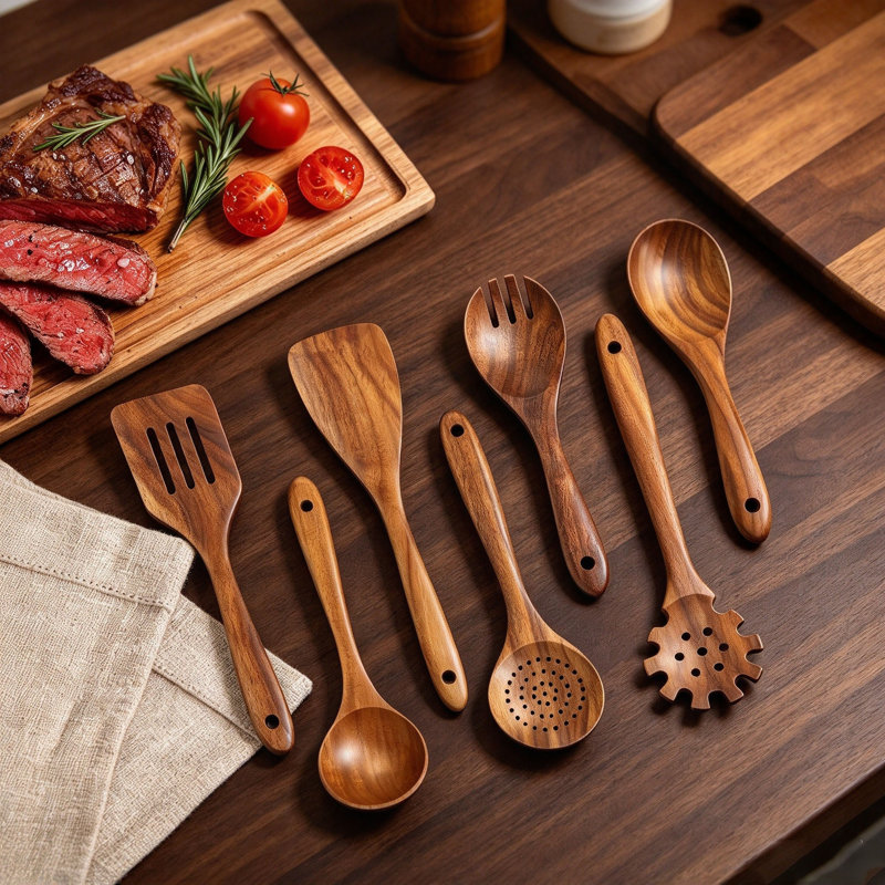 Teak Wooden Kitchen Utensil Set with Spatula and Ladle, Wooden Spoons for Cooking, 7 Pcs