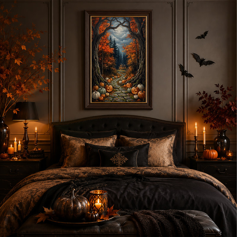 «Autumn Forest Path with Glowing Jack O Lanterns», art mural sur toile, H 24 po x l 16 po