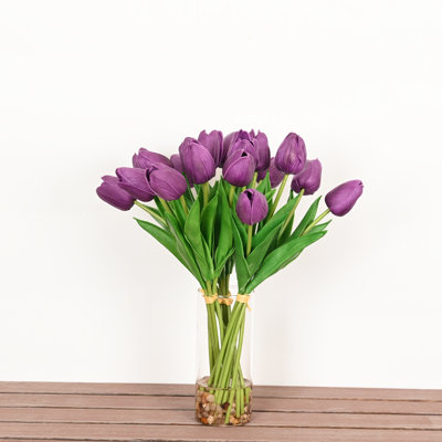14" Artificial Tulip Floral Arrangements In Vase With Faux Water, Farmhouse Long Stem Greenery Leaves Floral Bulk Bouquet For Wedding Party Home Office Table Centerpiece Shelf Decorations