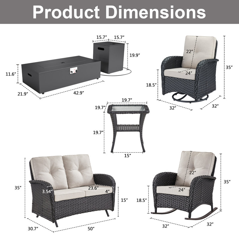 Ensemble de conversation 8 pièces avec chaises berçantes et pivotantes pour l'extérieur, Beige, Noir