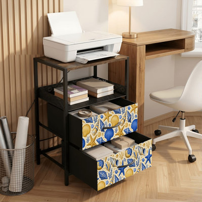 2 Drawers Nightstand with Charging Station, Bedroom Nightstand with USB Ports, Outlets Open Shelf Black, night stand with Seashell Starfish Spiral Shells Blue Beige Coastal Style Print