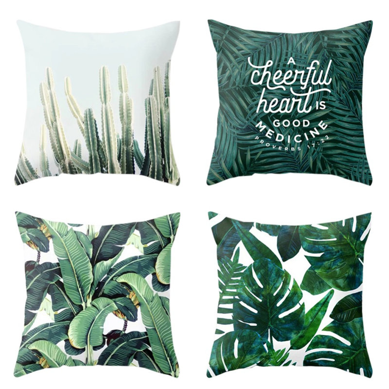 Pack Of 4 Green Tropical Leaves Throw Pillow Cover Summer Palm Tree Leaf Outdoor Decorative Linen Square Cushion Cover With Zipper For Sofa Bed Couch Car Living Room Decor 18X18 Inch