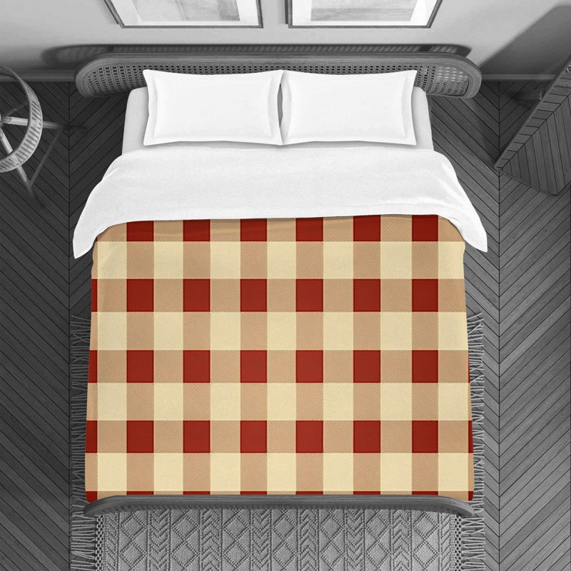 Housse de couette , Housse de couette pour lit simple, Vichy rouge / beige