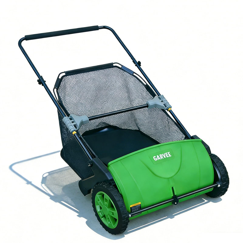 Balayeuse à gazon 21 po avec sac en filet de 3,5 pieds cubes, balai manuel à feuilles avec 2 brosses et roues de 10 po pour jardin et pelouse, vert foncé
