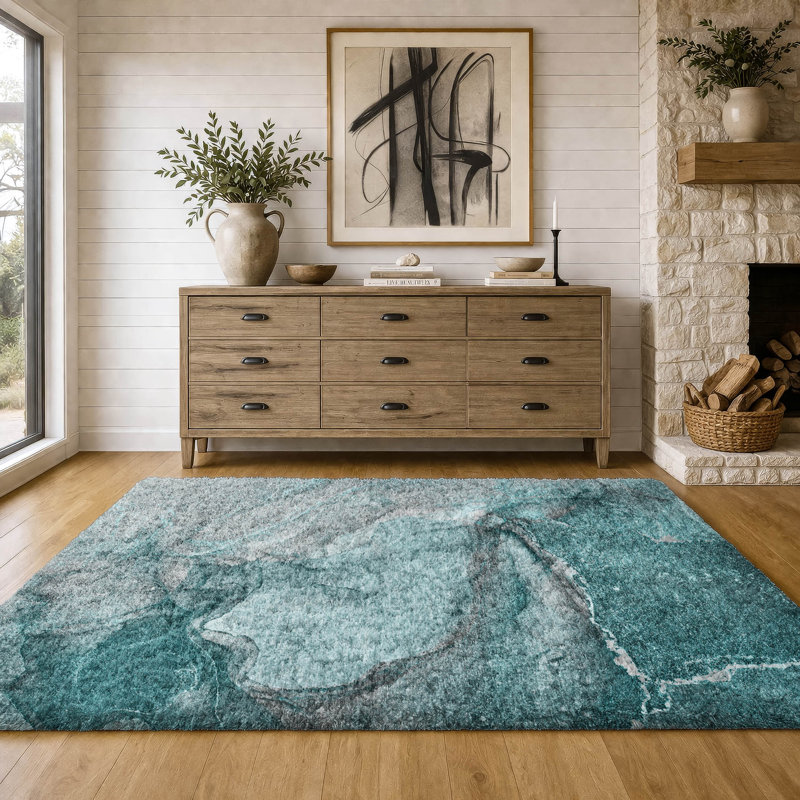Premium Machine Washable Dream Shag ADS524 Watercolors Rug, Teal, 8' x 10'