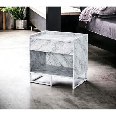 White Printed Faux Marble Accent Table With Accents, 1 Storage Drawer, Open Compartment, Metal Base, Side Drawer Glide, 0.59" Top, Particle Board And Makeup, 24" Wide, 16" Deep, 25" High, 38 Lb