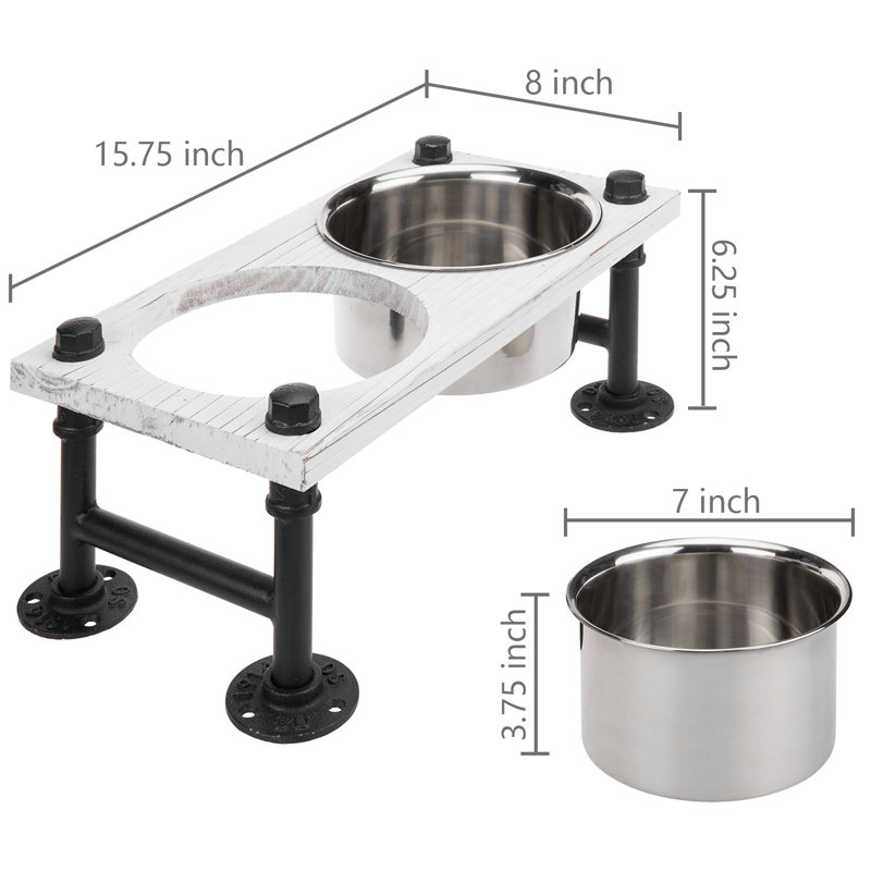 White Wood and Black Metal Elevated Dog Feeder with Stainless Steel Bowls