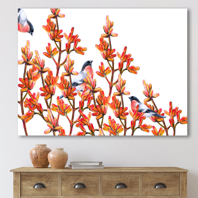 Volée de bouvreuils sur branches orange - Peinture sur toile, H 30 po x l 40 po x p 1 po, Toile tendue