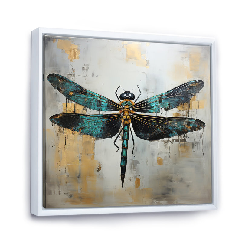 Élégance de libellule verte - Art mural libellule, H 16 po x l 16 po x P 1 po, Cadre flottant blanc
