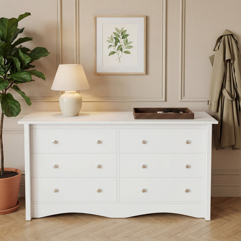Commode large blanche à 6 tiroirs, commode horizontale en bois avec tiroirs coulissants et quincaillerie anti-basculement, armoire de rangement pour vêtements de chambre
