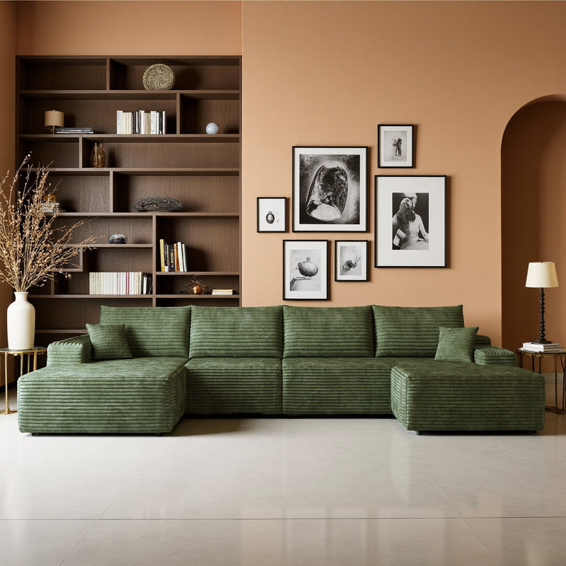 Canapé modulaire en forme de U avec repose-pieds 135 po Cloud - Aucun assemblage requis, Velours côtelé vert