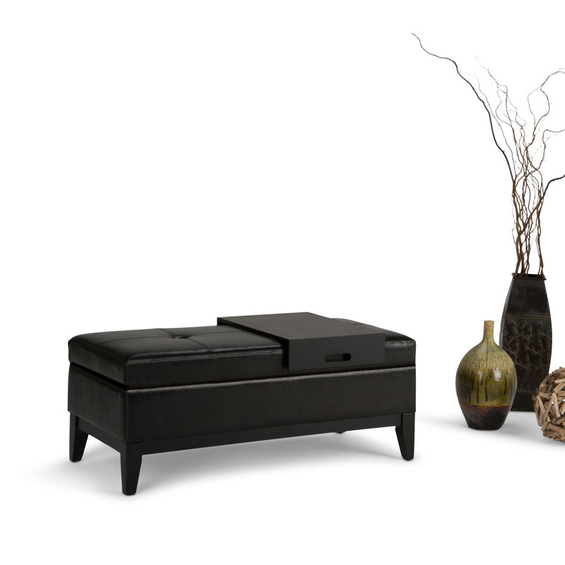 Oregon 42"W Upholstered Vegan Leather Contemporary Rectangular Lift-Up Storage Ottoman Bench with Tray and Hidden Storage